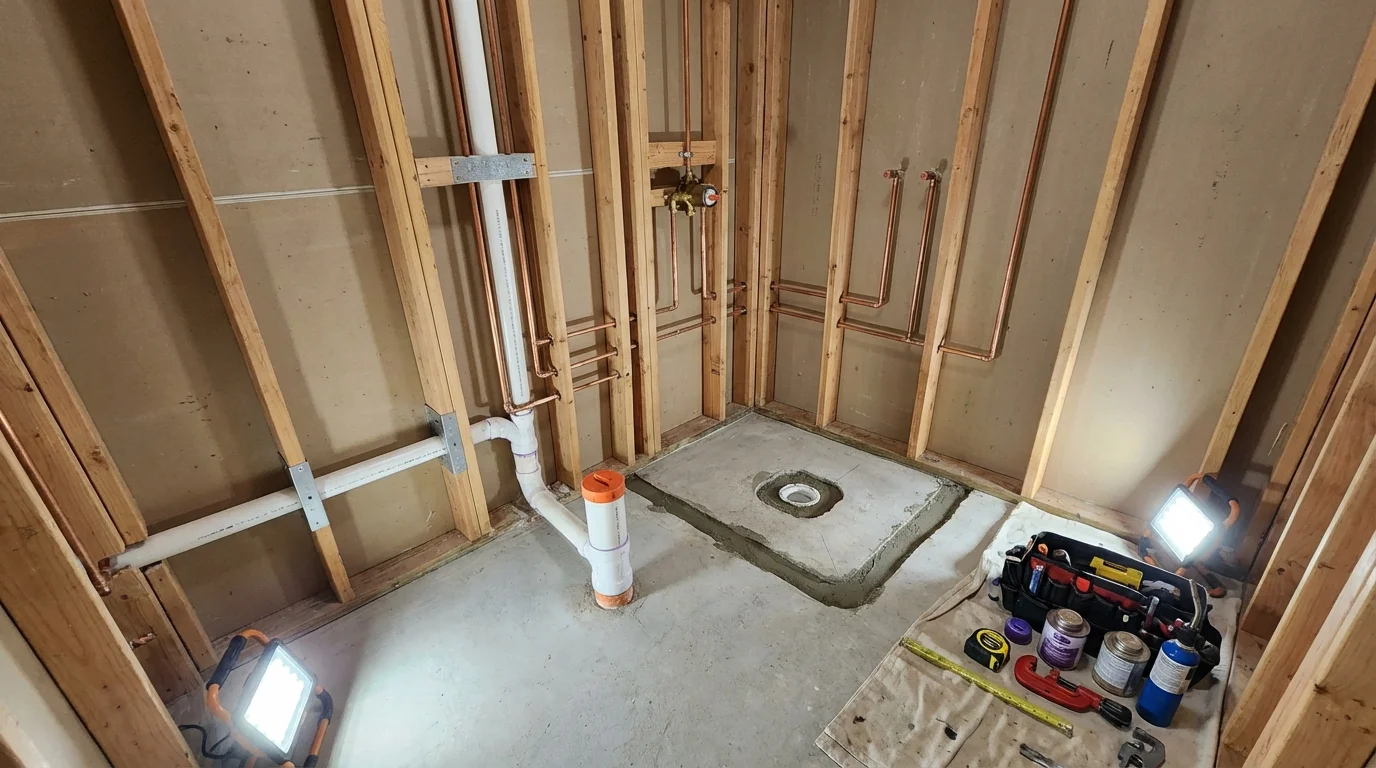 Bathroom rough-in plumbing during remodel by Johns Plumbing LLC in Little Ferry