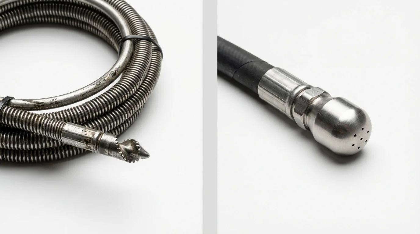 Drain snake cable and hydro jetting nozzle used for drain cleaning in Little Ferry, NJ