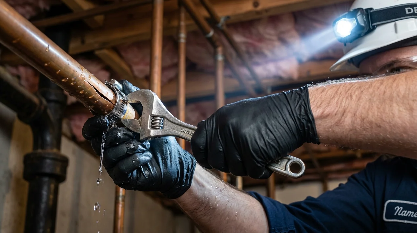 Emergency pipe clamp repair being performed by a Johns Plumbing LLC plumber in Little Ferry