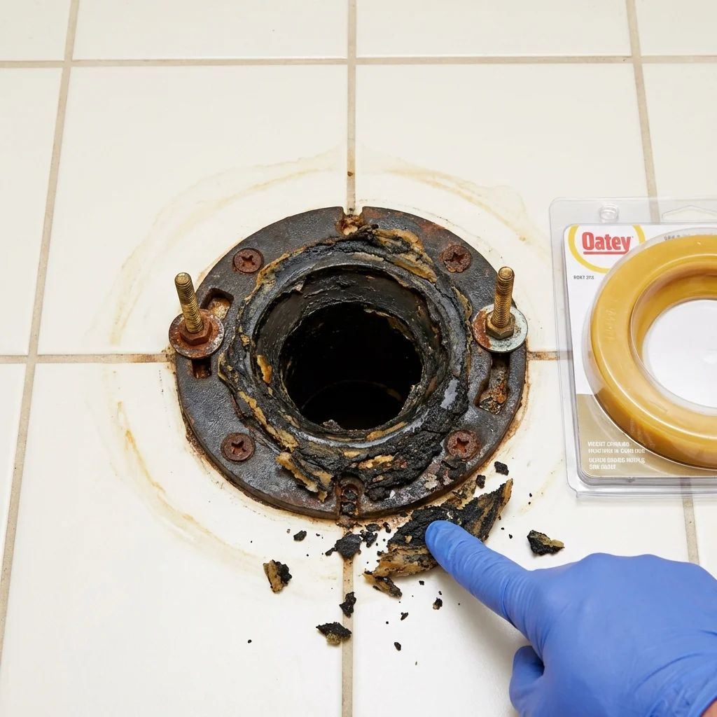 Failed wax ring showing water seepage at the base of a toilet in a Little Ferry, NJ home