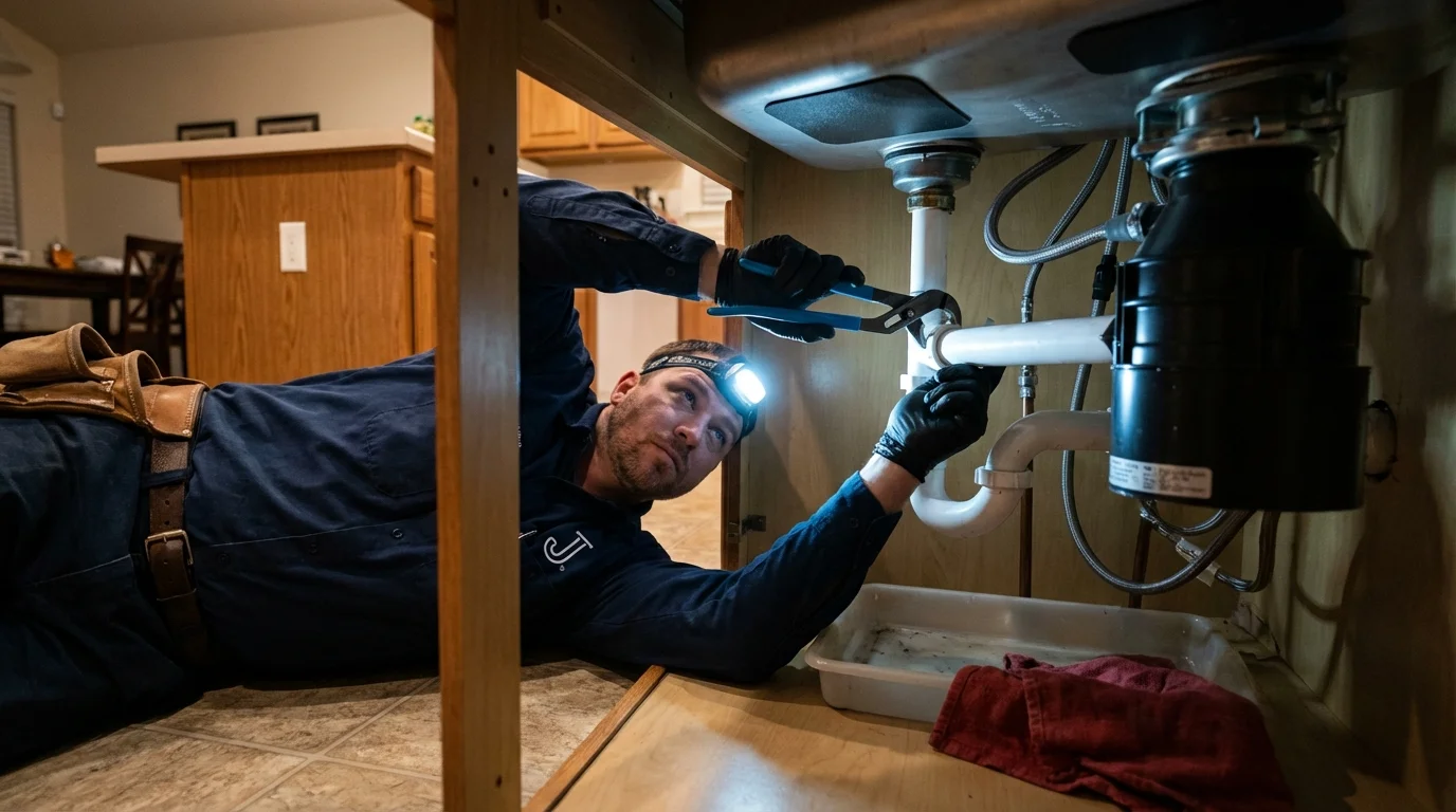 P-trap and supply line connections under a kitchen sink showing a common leak point in Little Ferry, NJ